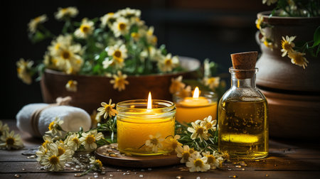 Spa still life with camomile essential oil on wooden backgroundの素材