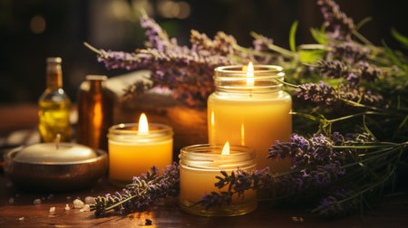 Spa still life with candles and lavender flowers on wooden backgroundの素材
