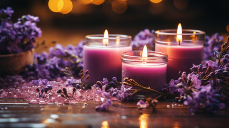 Spa still life with burning candles and lilac flowers on wooden backgroundの素材