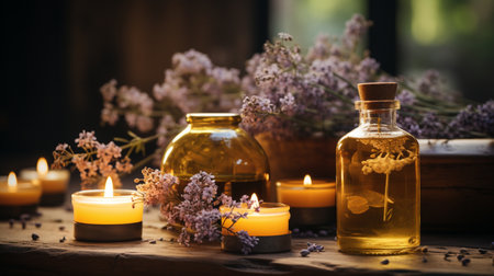 Spa still life with essential oils, candles and lavender flowersの素材