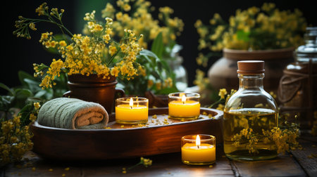 Spa still life with yellow flowers and candles on a wooden backgroundの素材