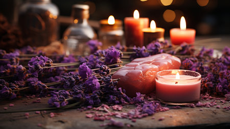 Spa still life with lavender flowers and candles on wooden backgroundの素材