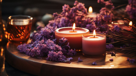 Beautiful spa composition with lavender flowers and candles on wooden tableの素材
