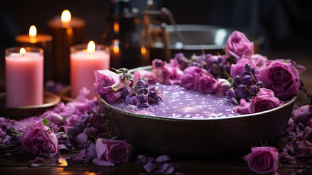 Spa still life with purple roses and candles on wooden background.の素材
