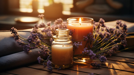 Spa still life with candles and lavender flowers on wooden backgroundの素材