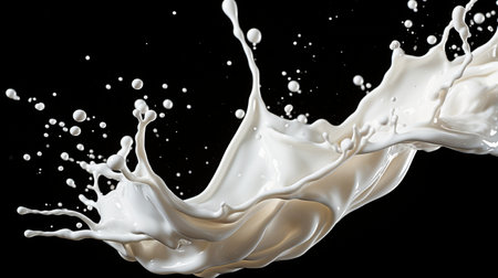 White milk splash isolated on black background. Clipping path included.の素材