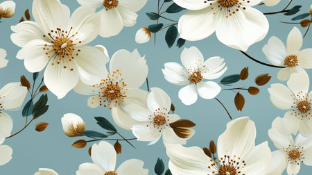 Seamless pattern with white flowers on blue background. Vector illustration.の素材