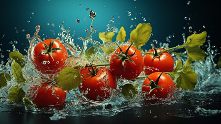 Fresh cherry tomatoes with splashes of water on a dark background.の素材