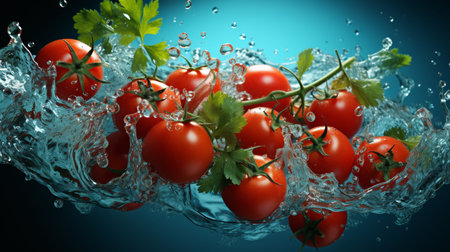 Cherry tomatoes in water splash on blue background. 3d renderingの素材