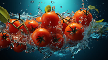 Fresh cherry tomatoes in water splashes on blue background. 3d renderingの素材