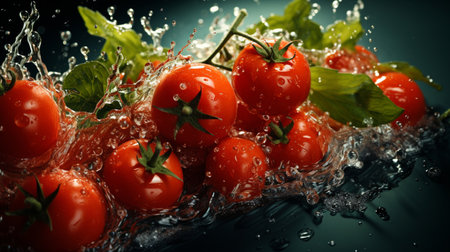 Cherry tomatoes in water splashes on black background, close upの素材