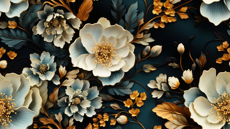 3d rendering, 3d illustration. Seamless pattern with white flowers and leaves on dark blue background.の素材