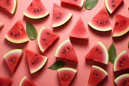 Slices of ripe watermelon on color background, top viewの素材
