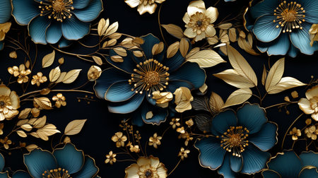 Seamless pattern with blue and gold flowers on a dark background.の素材