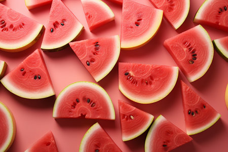 Slices of ripe watermelon on color background, top viewの素材
