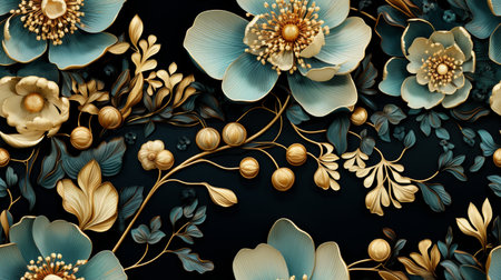 3d render, abstract floral background, blue and gold flowers on blackの素材