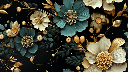 Seamless pattern with gold and blue flowers on a black backgroundの素材