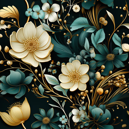 Seamless pattern with gold and blue flowers on a dark background.の素材