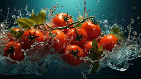 Fresh cherry tomatoes falling into water with splash and drops on blue backgroundの素材