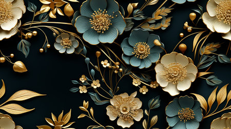 Seamless pattern with gold and blue flowers on a dark background.の素材