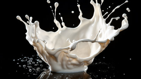 splashing milk isolated on black background closeup. High quality photoの素材