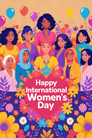 Happy International Womens Day greeting card with diverse women. Vector illustrationの素材