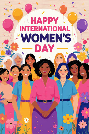 International Women's Day banner with women and flowers. Vector illustration.の素材