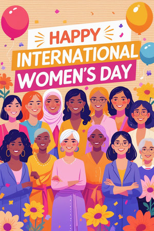 International Women's Day greeting card with diverse women. Vector illustration.の素材