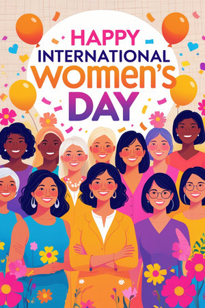 Happy International Women's Day greeting card with diverse women. Vector illustrationの素材