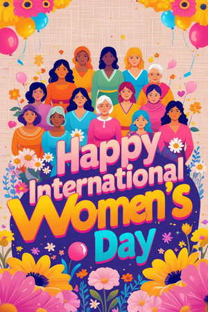 Happy International Women's Day greeting card with diverse women. Vector illustrationの素材