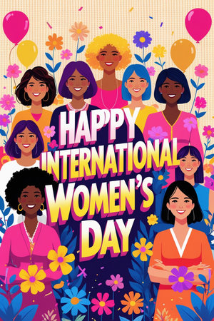 International Women's Day greeting card with happy international women. Vector illustrationの素材