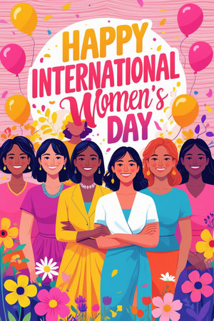 International Women's Day greeting card with happy women of different nationalities. Vector illustrationの素材
