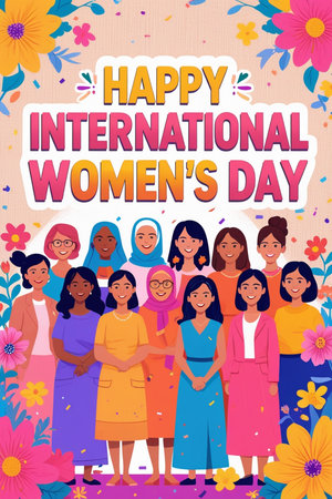 International Women's Day greeting card with diverse women. Vector illustration.の素材