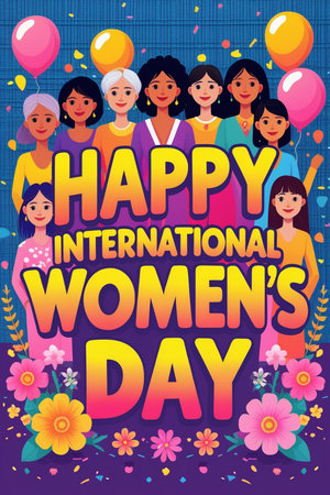 Happy International Women's Day greeting card with cute cartoon women and girls.の素材