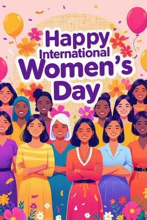 International Women's Day greeting card with diverse women, flat vector illustration.の素材