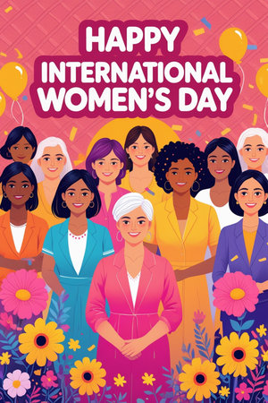 Happy International Women's Day greeting card, banner, poster template with cartoon international women.の素材
