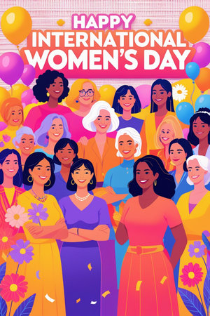 Happy International Women's Day greeting card with diverse women. Vector illustrationの素材