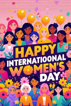 Happy International Women's Day greeting card. Vector illustration of happy international women.の素材