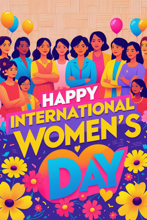 Happy International Women's Day greeting card. Flat vector cartoon illustration of international women's day poster.の素材
