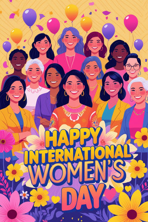 Happy International Women's Day greeting card with group of diverse women. Vector illustrationの素材