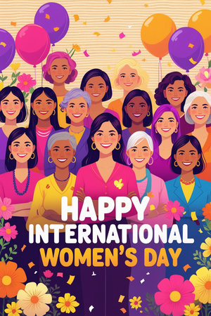 Happy International Women's Day greeting card with diverse women. Vector illustrationの素材