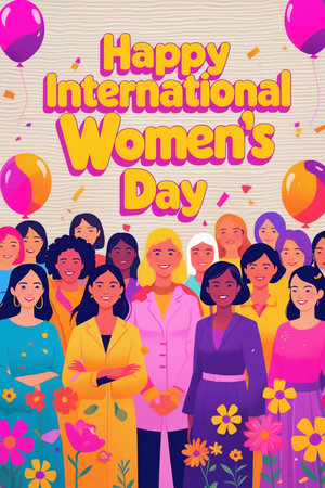 International Women's Day banner with diverse women and balloons. Vector illustration.の素材