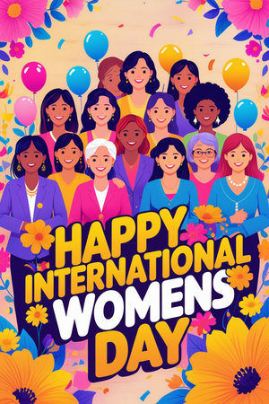 Happy International Women's Day greeting card with diverse women. Vector illustrationの素材