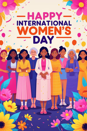 Happy International Women's Day card with cartoon vector illustration of happy international women.の素材