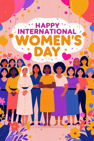 International Women's Day greeting card. Vector illustration of a group of diverse women standing together and hugging.の素材