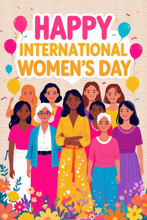 International Women's Day greeting card with diverse women. Vector illustration.の素材