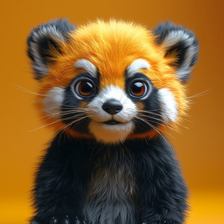 A cute fluffy red panda cub with orange and black fur looks ahead, big eyes and a gentle smile against a simple orange background.の素材