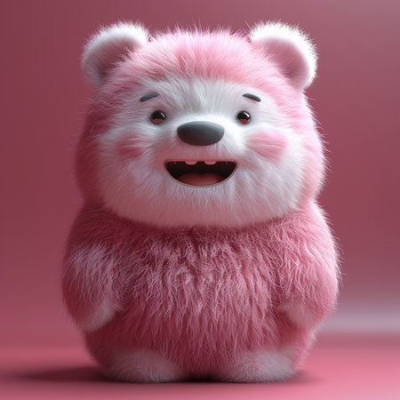 An adorable fluffy pink and white cartoon creature smiles broadly, radiating pure joy and innocent happiness in a playful pose.の素材