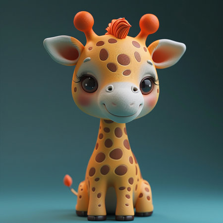 A charming cartoon baby giraffe with large, expressive eyes sits peacefully, smiling sweetly against a simple teal background.の素材