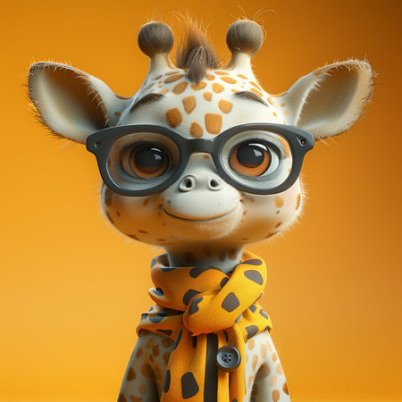 A cute cartoon giraffe character wears black rimmed glasses and a vibrant spotted scarf, smiling gently against an orange background.の素材